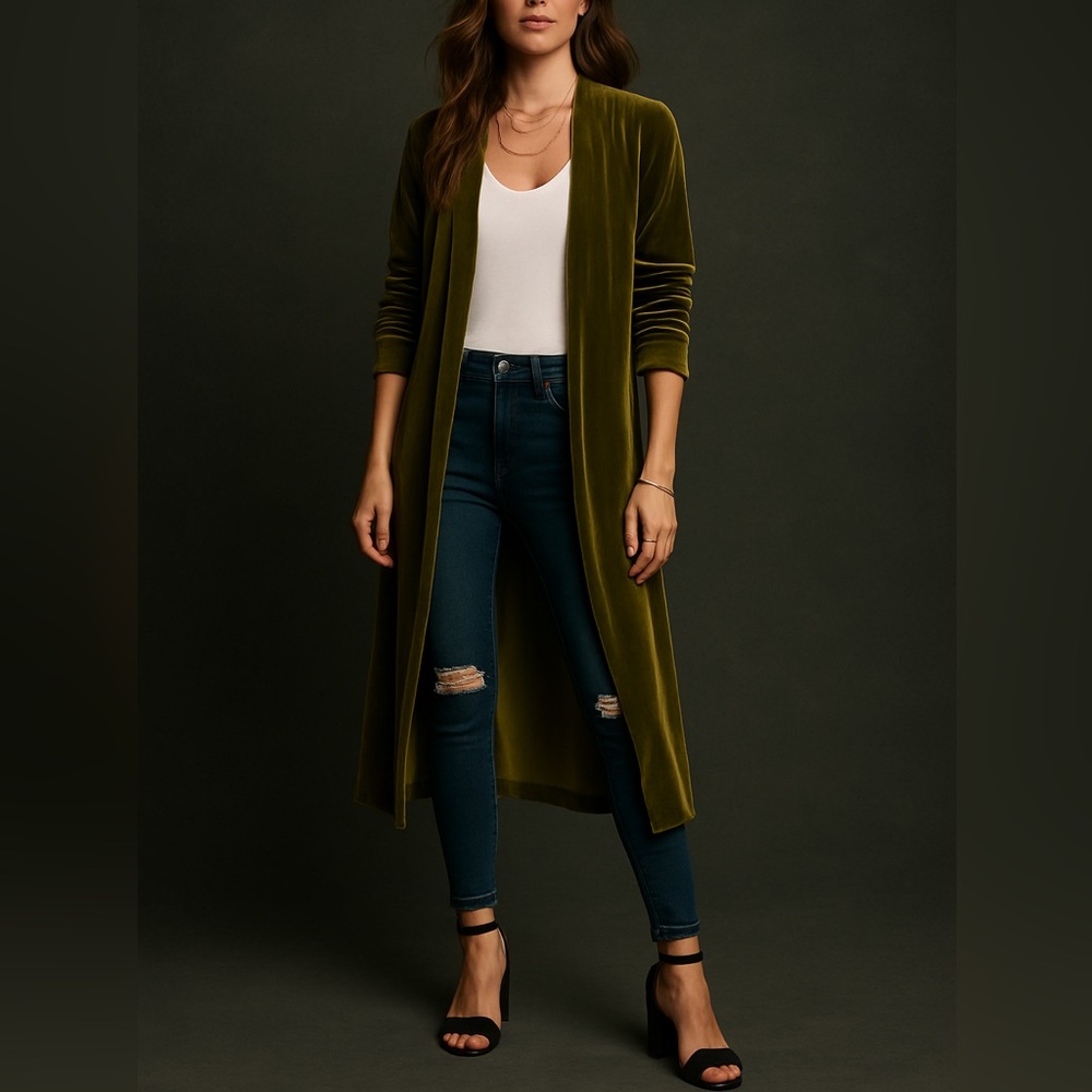Olive Green Velvet Longline Coat